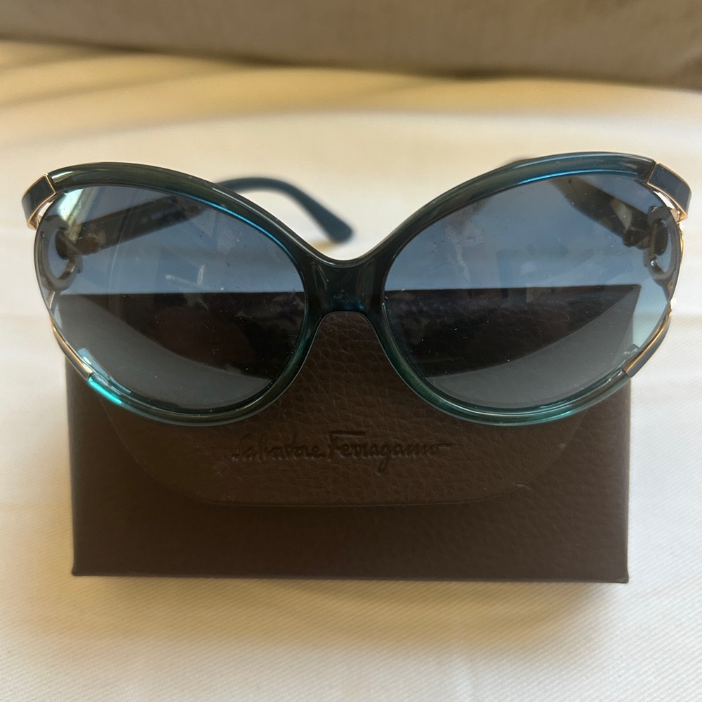 Salvatore Ferragamo Teal Cat-Eye Sunglasses with Gold Trim